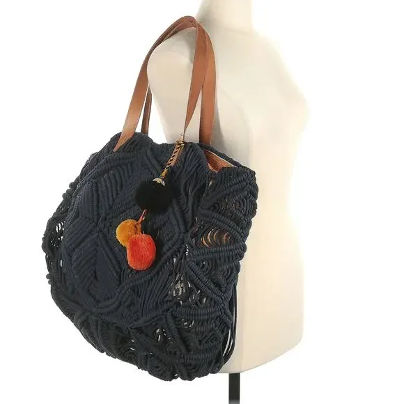 STAR MELA Marga macrame tote oversized cotton shoulder bag navy boho purse NEW - Picture 3 of 7